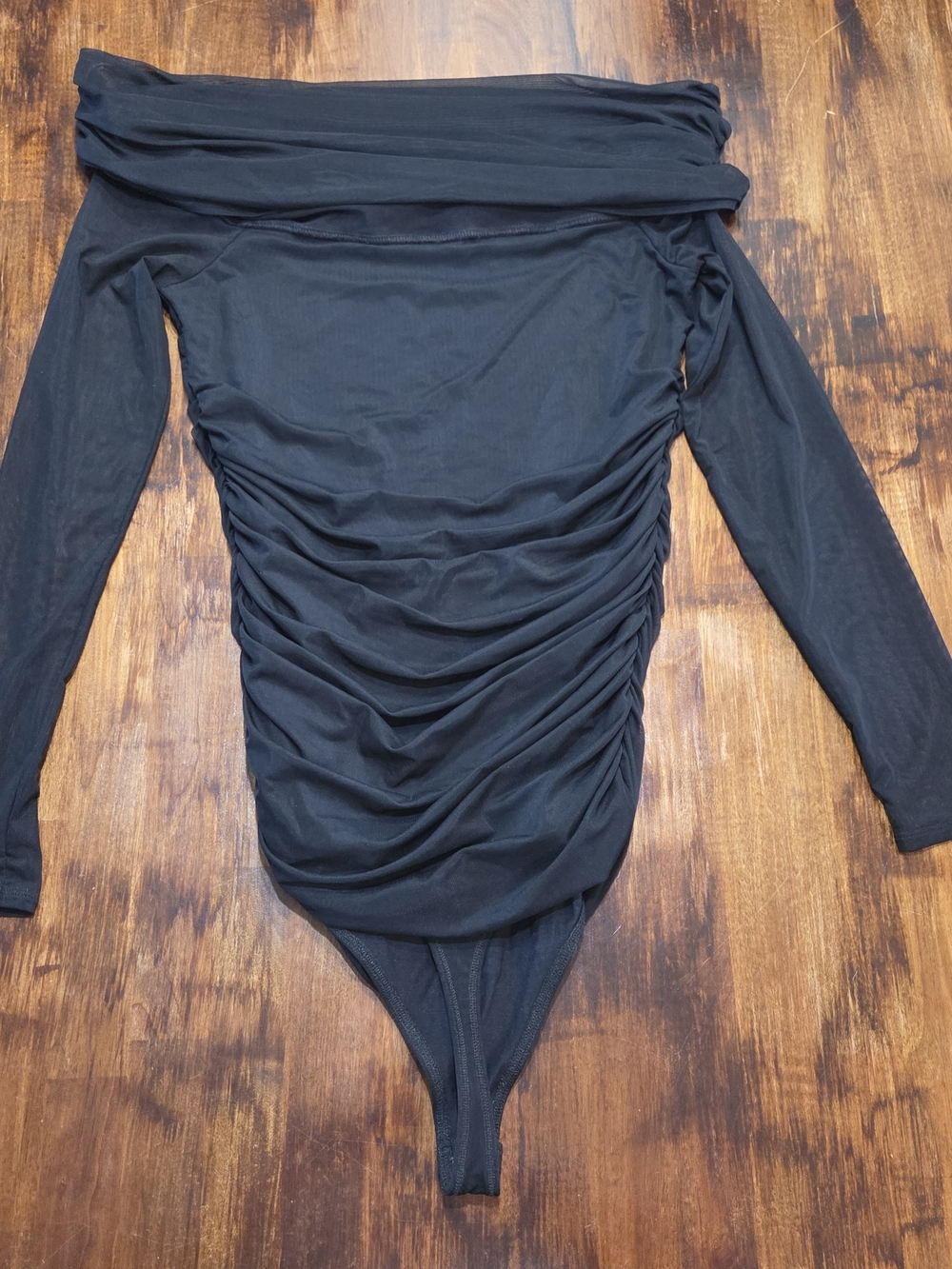 Abercrombie & Fitch Mesh Foldover Bodysuit Women's Black Ruched Long Sleeve M